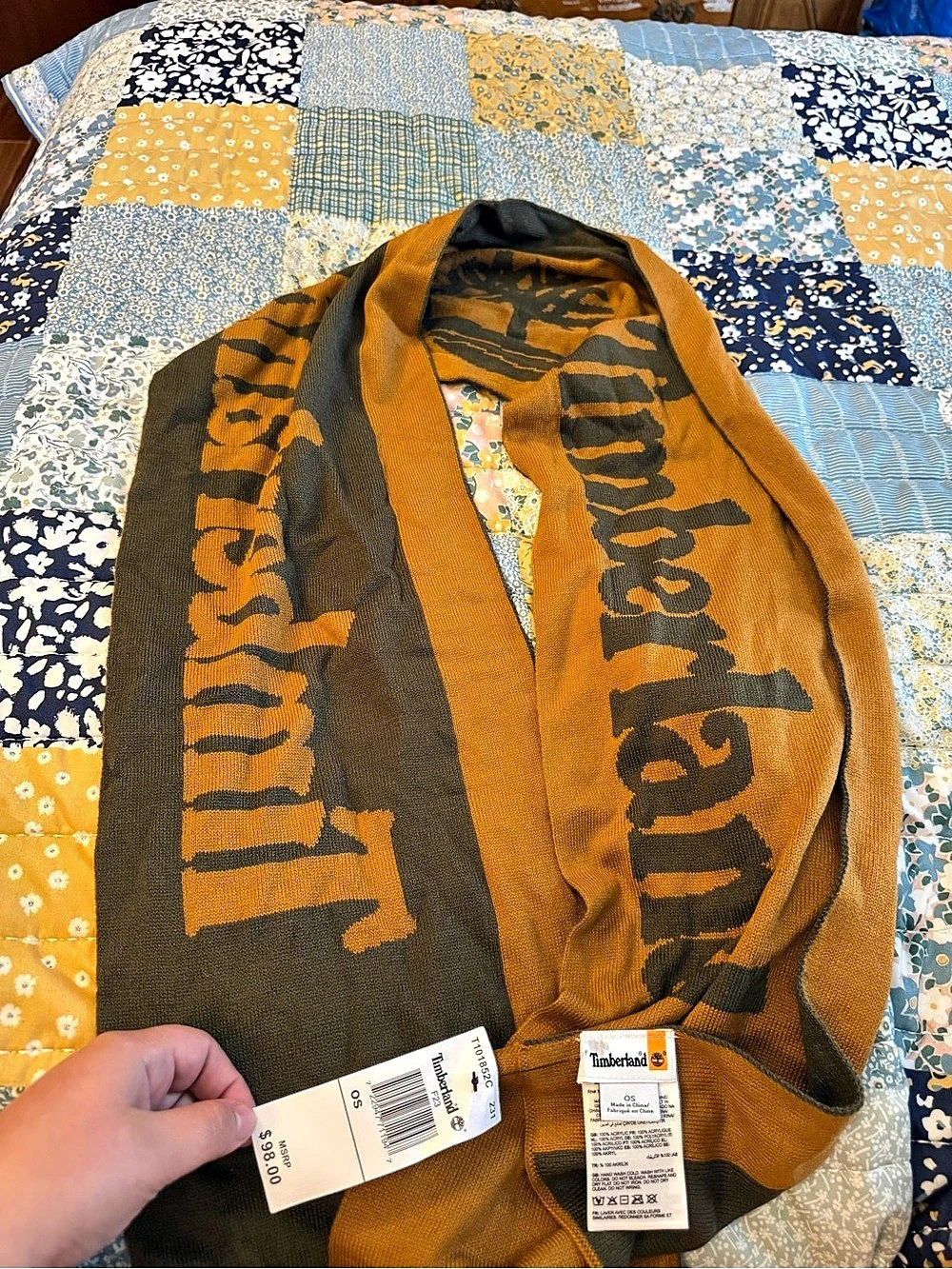 Timberland Logo Jacquard Scarf Color Block Brown & Orange NWT